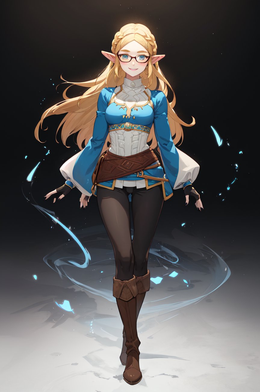 aazelda, super long hair, hair cascading to the thighs, square haircut, pointy ears, blue shirt, long sleeves, fingerless gloves, black gloves, black pants, tight pants, blue nails, looking at the camera smile, blushing, black clear-rimmed glasses, high boots, full body picture 