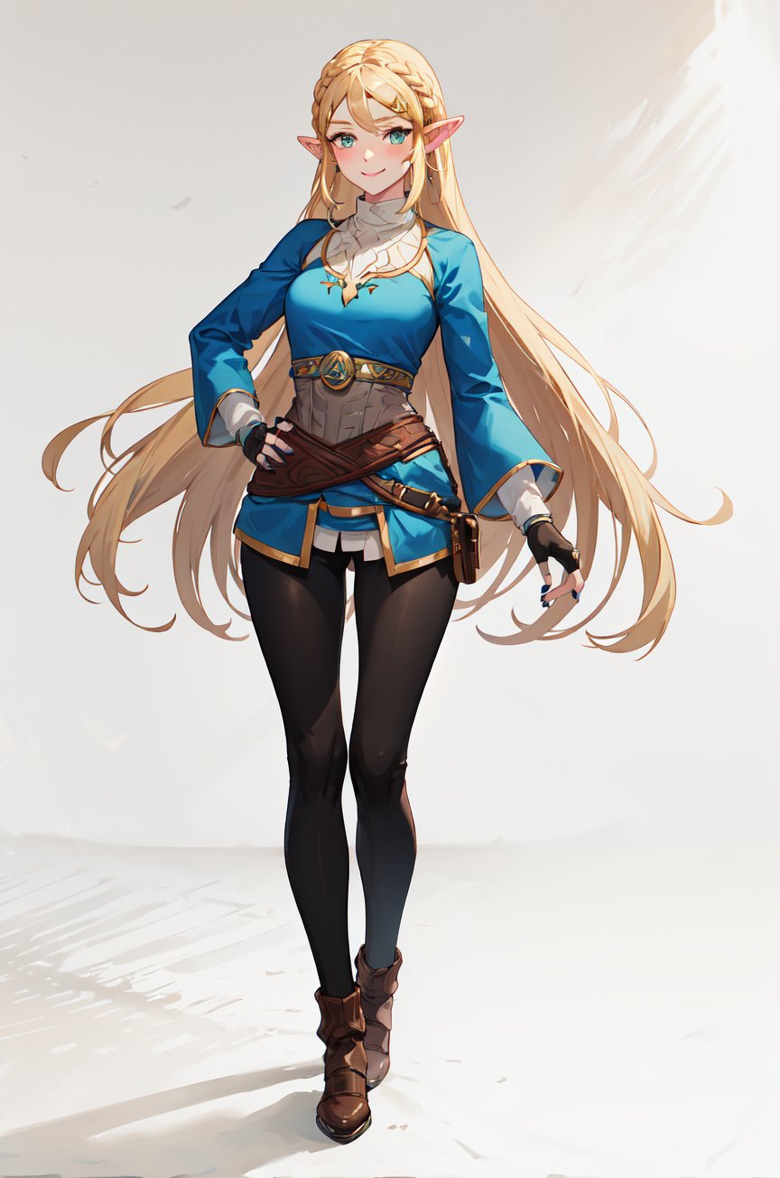 aazelda, super long hair, hair cascading to the waist, pointy ears, blue shirt, long sleeves, fingerless gloves, black gloves, black pants, tight pants, blue nails, looking at the camera smile, blushing, mid-calf boots, full body picture 