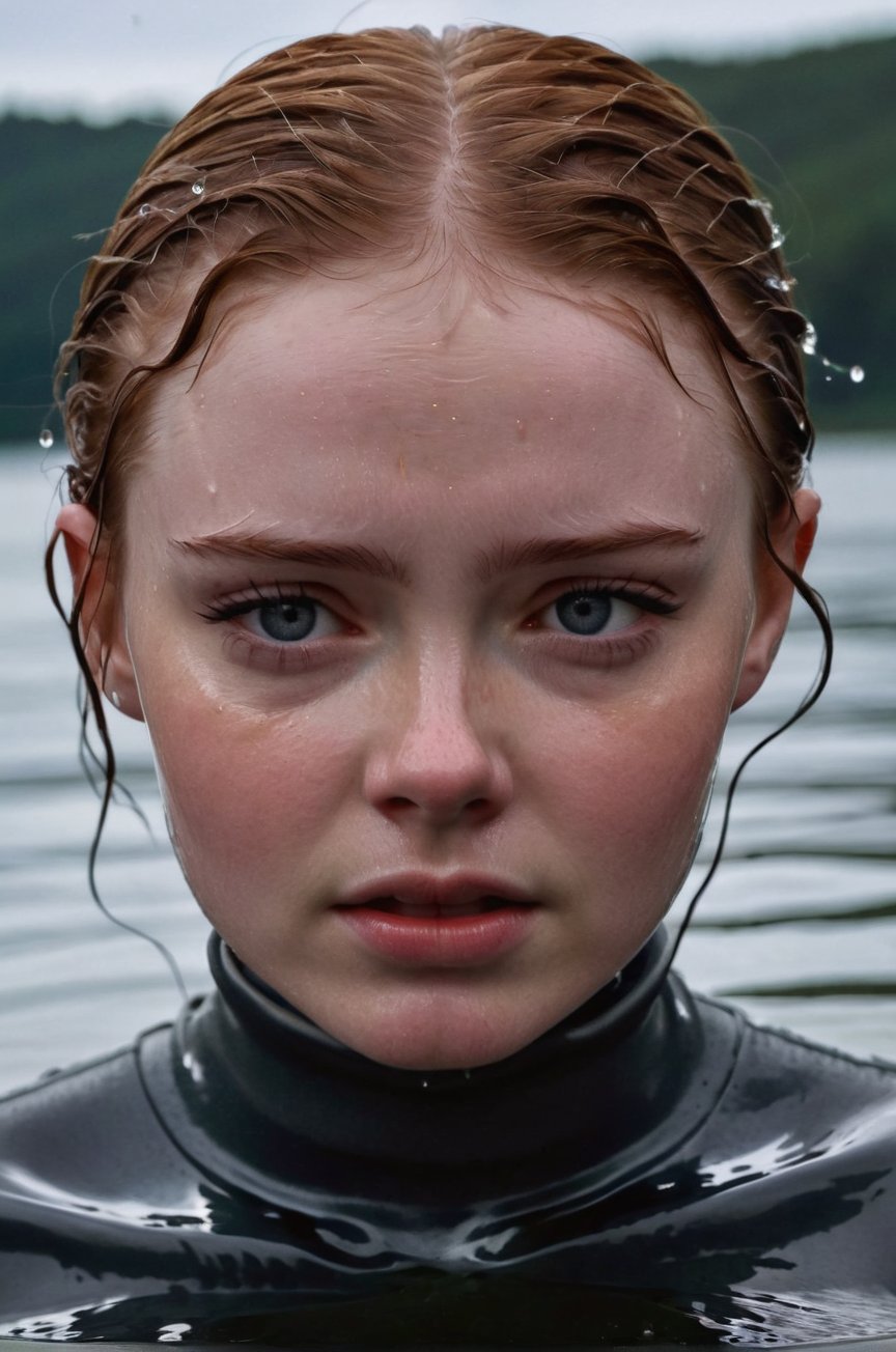 Sadie Sink, emerging from the water. Her head and shoulders are visible above the surface of water. She looks scared and sad, her dark grey turtleneck top wet and clinging to her, with water droplets sparkling around her. She is gasping for air. Her wait hair is slicked back and clinging to her head. She is in the middle of a cold ocean and splashes from her emergence, fully drenched, dripping wet, face wet, face drenched, hyper realistic