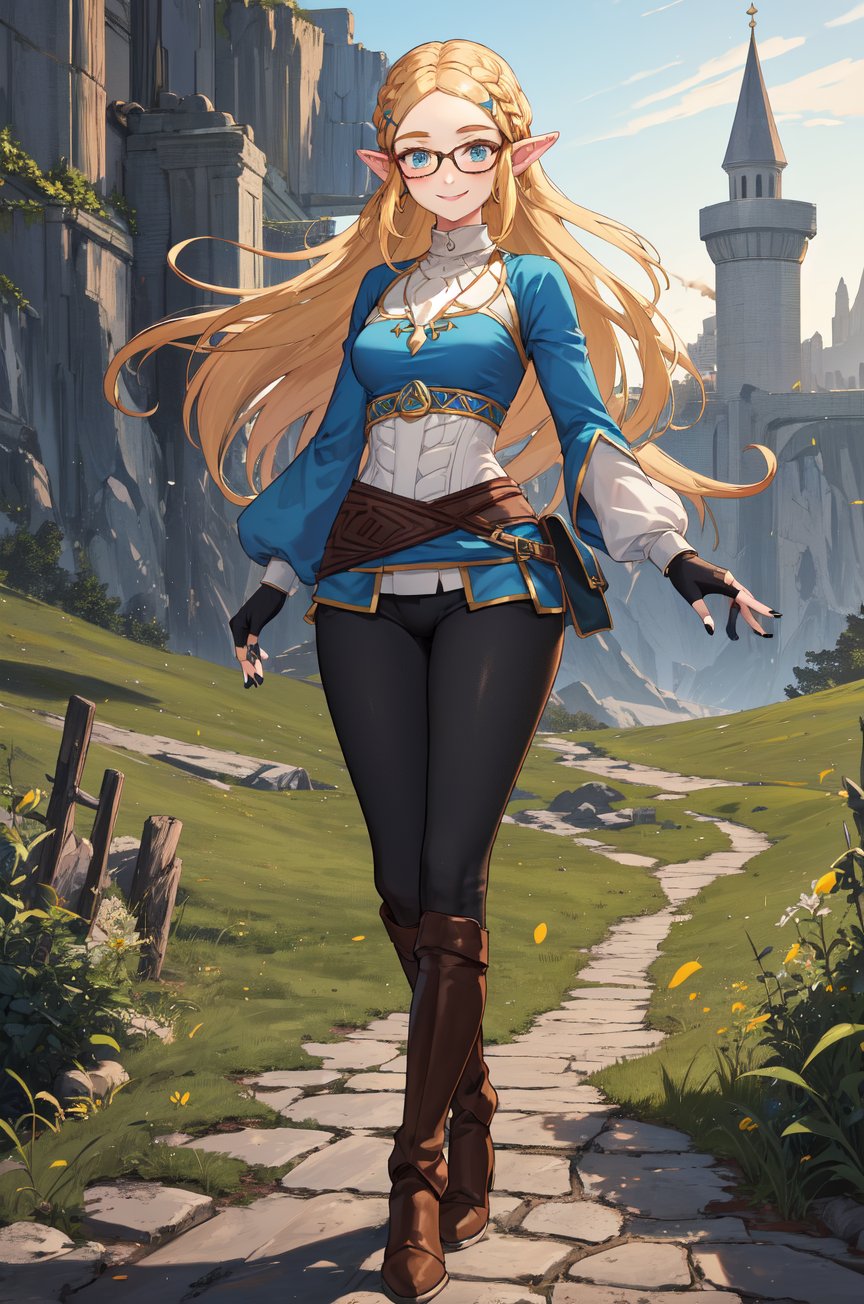 aazelda, super long hair, hair cascading to the thighs, square haircut, pointy ears, blue shirt, long sleeves, fingerless gloves, black gloves, black pants, tight pants, blue nails, looking at the camera smile, blushing, black clear-rimmed glasses, high boots, full body picture 