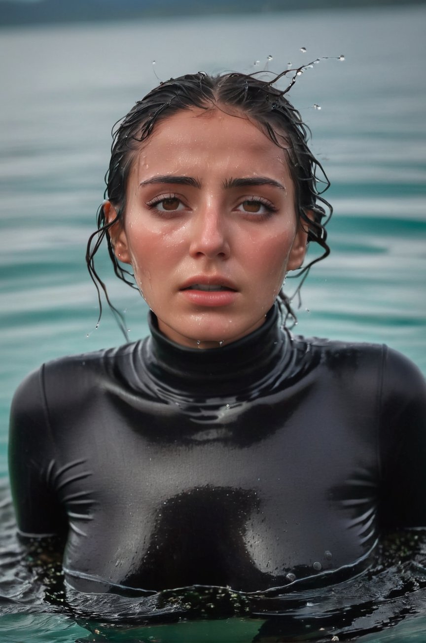 Morrocan woman,  25 yo,  emerging from the water. Her head and shoulders are visible above the surface of a pool. She look...
