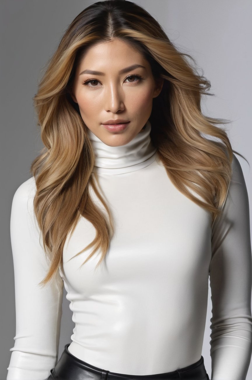 Dichen Lachman,  posing for a photoshooting,  wearing a white long sleeve long sleeve turtleneck tight top and a leather l...
