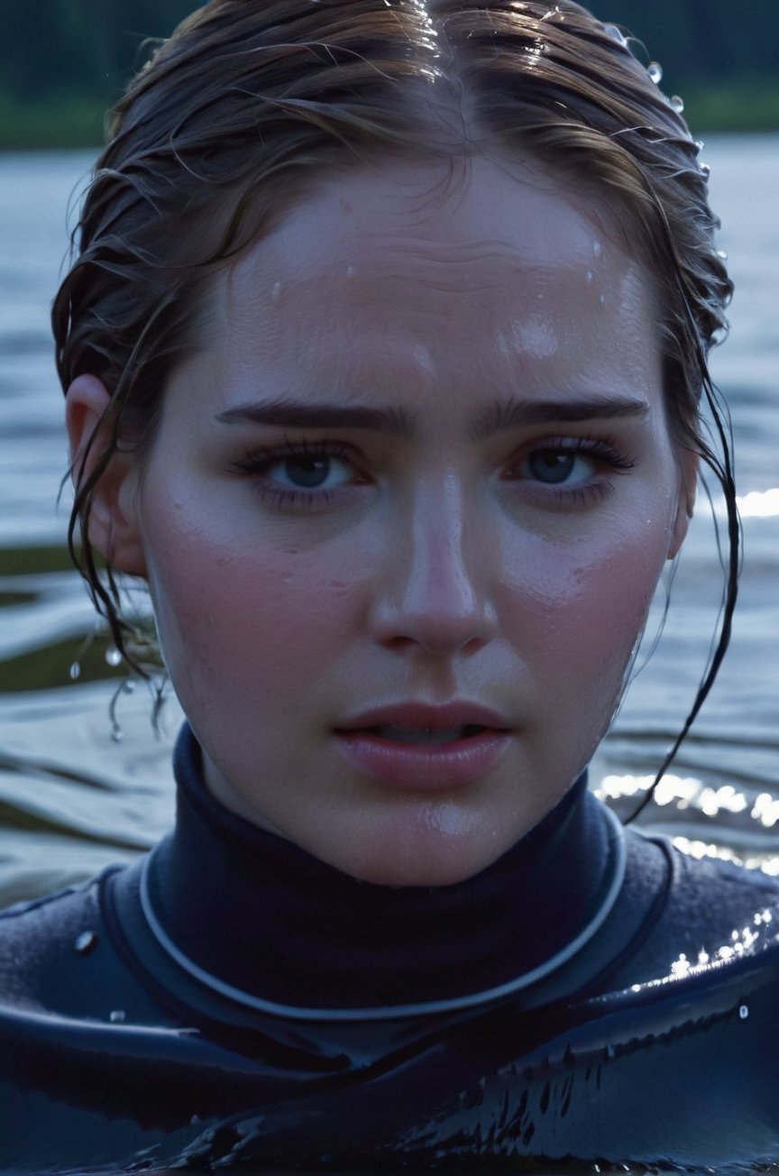 Elizabeth Lail,  emerging from the water. Her head and shoulders are visible above the surface of water. She looks scared...
