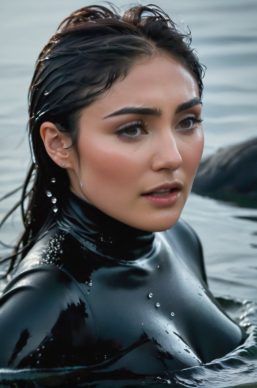 Daniella Pineda,  emerging from the water. Her head and shoulders are visible above the surface of water. She looks surpri...