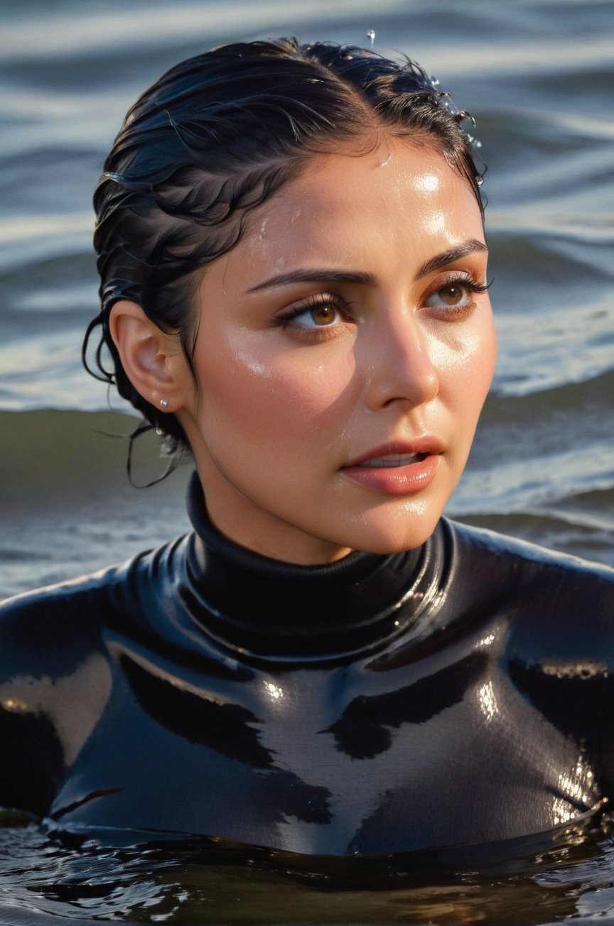 Morena Baccarin, emerging from the water. Her head and shoulders are visible above the surface of water. She looks scared and sad, her black turtleneck top wet and clinging to her, with water droplets sparkling around her. She is gasping for air. Her wait hair is slicked back and clinging to her head. She is in the middle of a cold ocean and splashes from her emergence, fully drenched, dripping wet, face wet, face drenched, hyper realistic