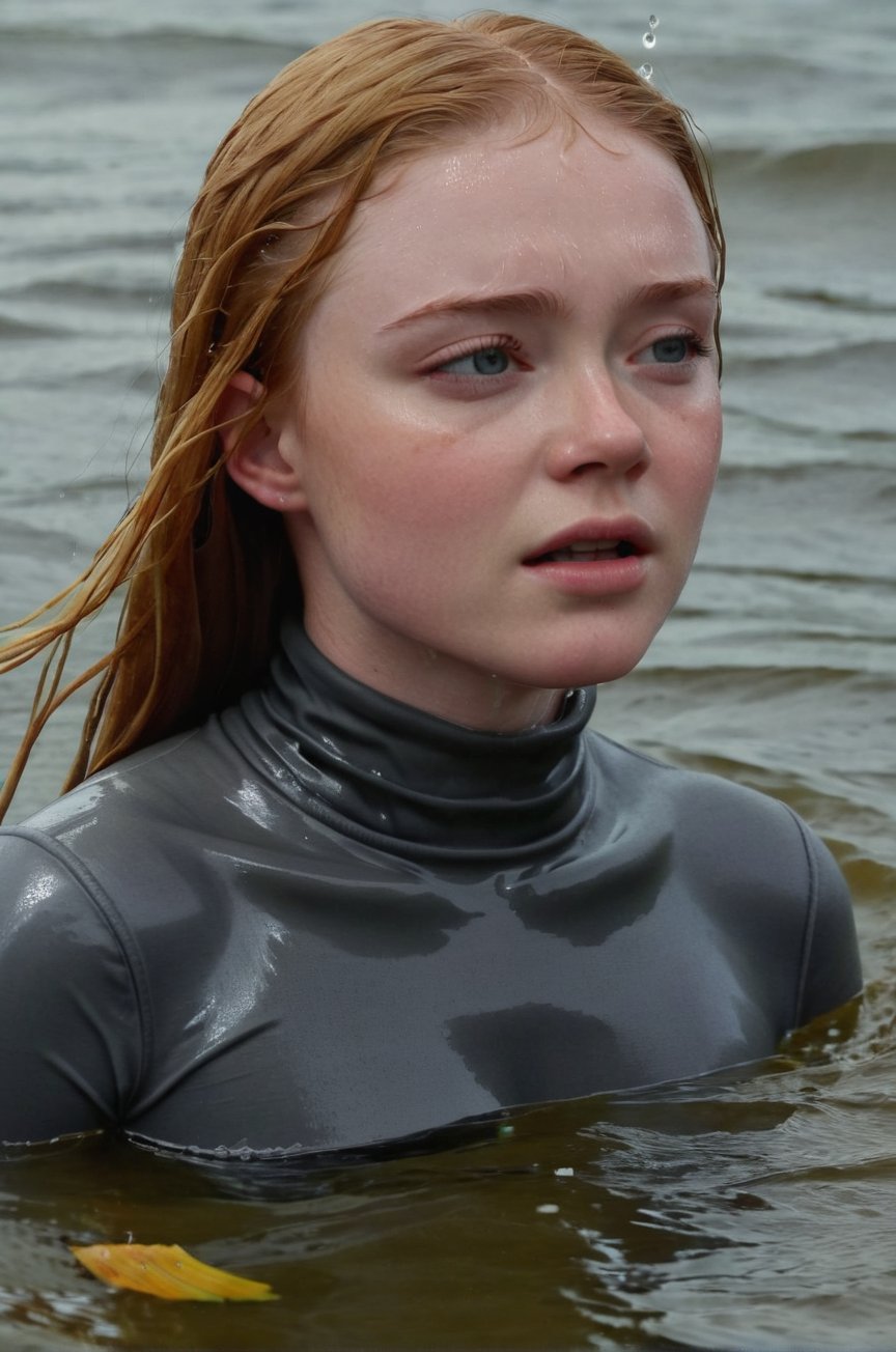 Sadie Sink,  emerging from the water. Her head and shoulders are visible above the surface of water. She looks scared and...