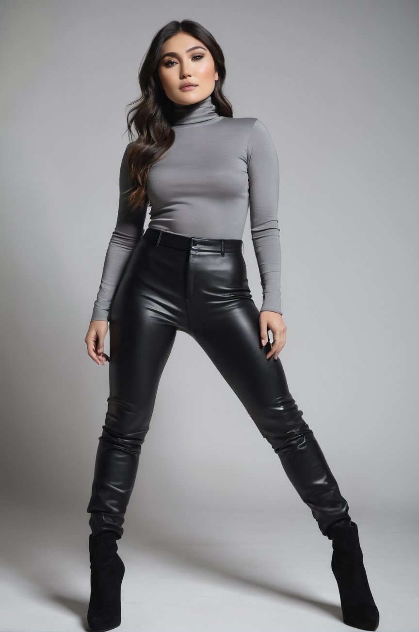 Daniella Pineda,  posing for a photoshooting,  wearing a grey turtleneck long sleeve tight top and a black leather legging...