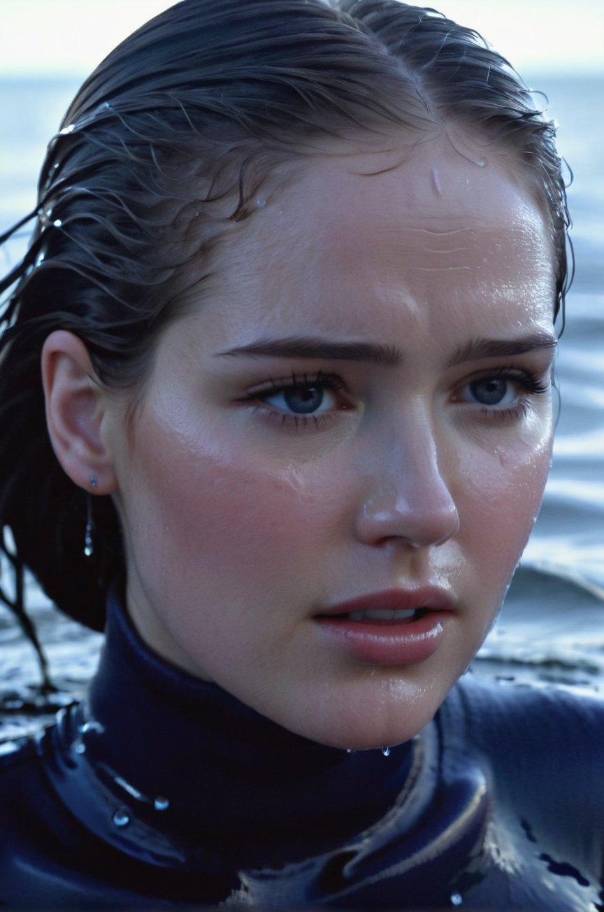 Elizabeth Lail, emerging from the water. Her head and shoulders are visible above the surface of water. She looks scared and sad, her dark blue turtleneck top wet and clinging to her, with water droplets sparkling around her. She is gasping for air. Her wet hair are slicked back and clinging to her head. She is in the middle of a cold ocean and splashes from her emergence, fully drenched, dripping wet, face wet, face drenched, hyper realistic