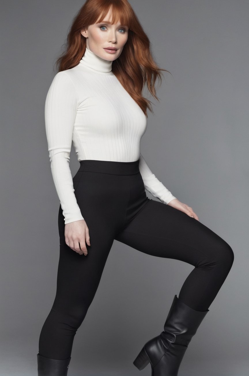 Bryce Dallas Howard,  posing for a photoshooting,  wearing a white ribbed turtleneck long sleeve tight top and a black leg...