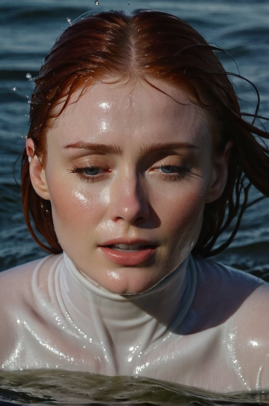 Bryce Dallas Howard, emerging from the water. Her head and shoulders are visible above the surface of water. She looks scared and sad, her white turtleneck top wet and clinging to her, with water droplets sparkling around her. She is gasping for air. She is in the middle of a cold ocean and splashes from her emergence, fully drenched, dripping wet, wet hair, face wet, face drenched, hyper realistic