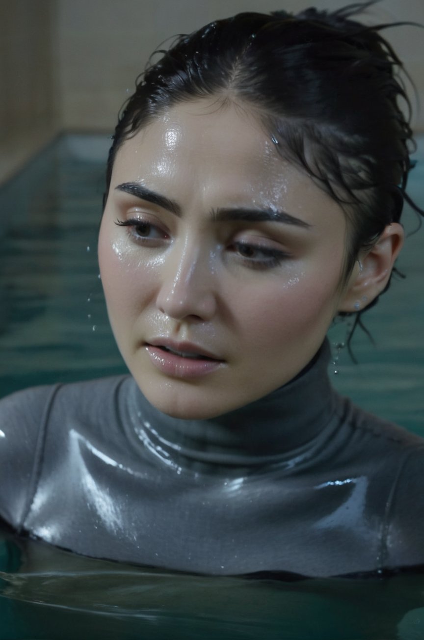 Daniella Pineda,  emerging from the water. Her head and shoulders are visible above the surface of water. She looks scared...