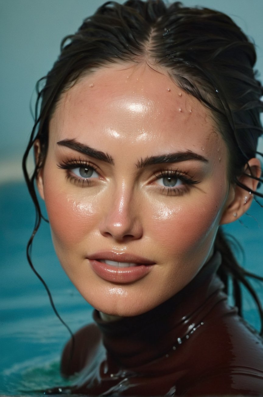 Megan Fox, emerging from the water. Her head and shoulders are visible above the surface of water. She looks relaxed and smiling, her dark brown turtleneck top wet and clinging to her, with water droplets sparkling around her. She is in the middle of an indoor pool and splashes from her emergence, fully drenched, dripping wet, wet hair, face wet, face drenched, hyper realistic