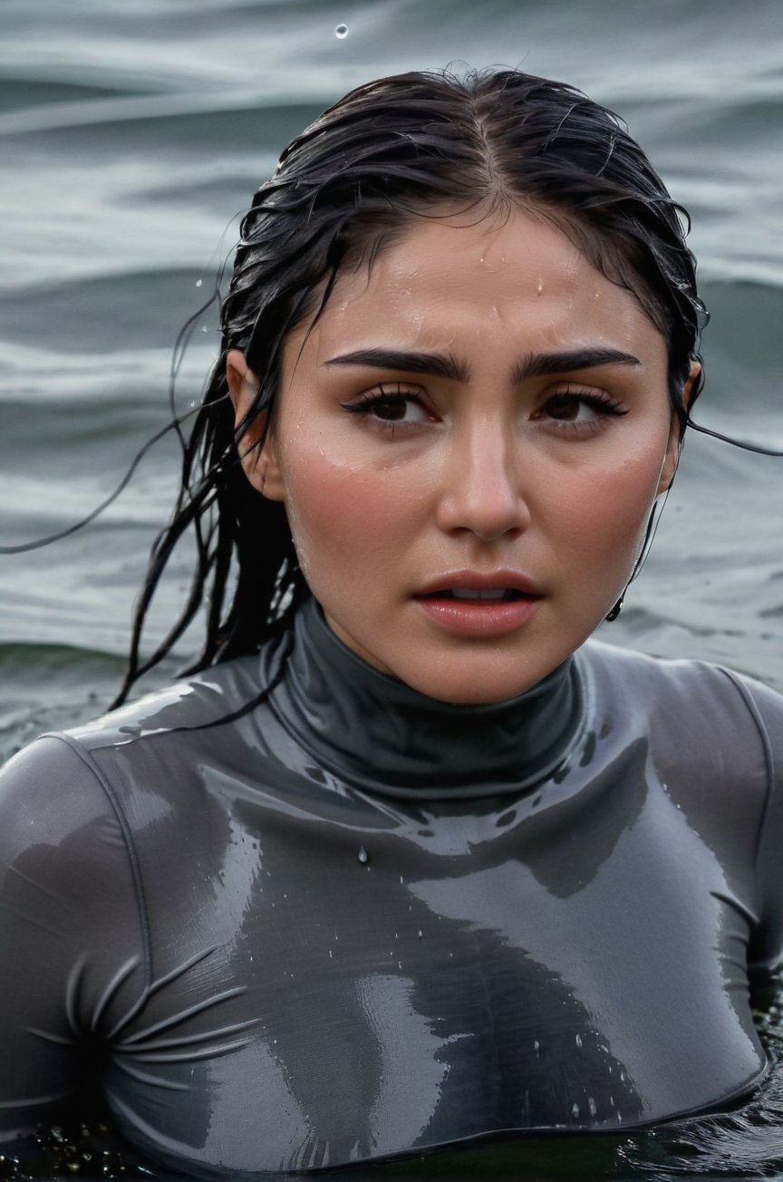 Daniella Pineda,  emerging from the water. Her head and shoulders are visible above the surface of water. She looks scared...