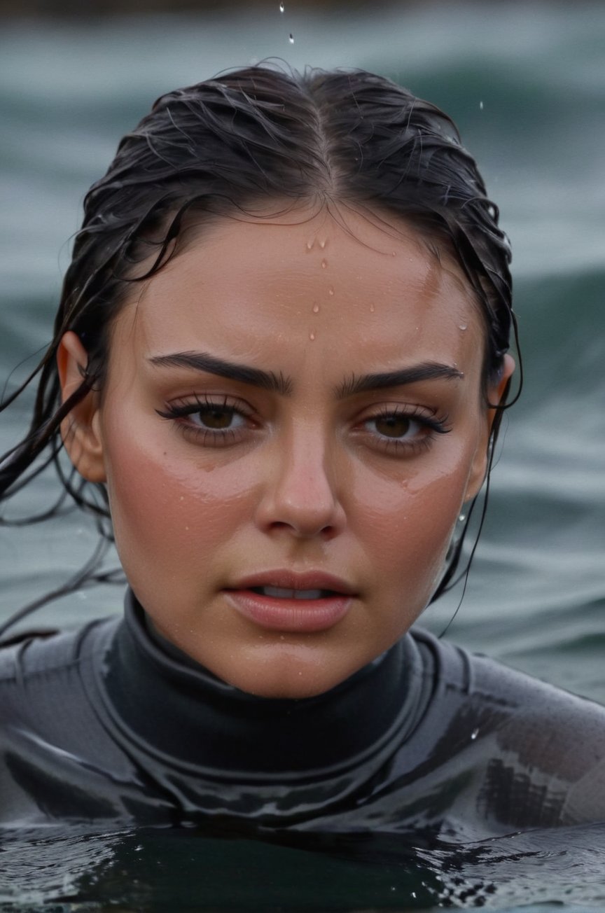 Mila Kunis, emerging from the water. Her head and shoulders are visible above the surface of water. She looks scared and sad, her dark dark grey turtleneck top wet and clinging to her, with water droplets sparkling around her. She is gasping for air. She is in the middle of a cold ocean and splashes from her emergence, fully drenched, dripping wet, wet hair, face wet, face drenched, hyper realistic