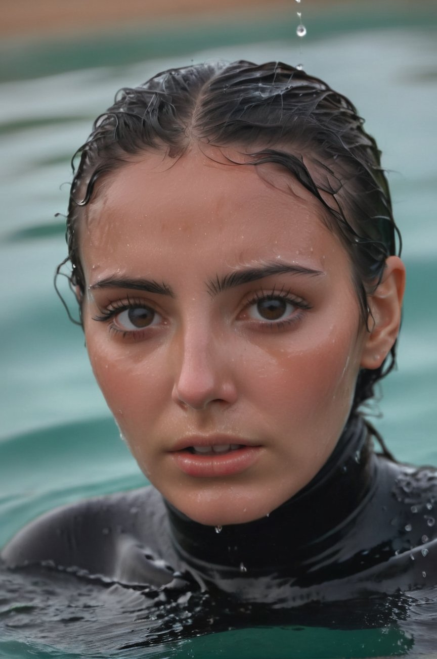 Morrocan woman, 25 yo, emerging from the water. Her head and shoulders are visible above the surface of a pool. She looks scared and sad, her black turtleneck top wet and clinging to her, with water droplets sparkling around her. She is in the middle of a cold ocean and splashes from her emergence. 