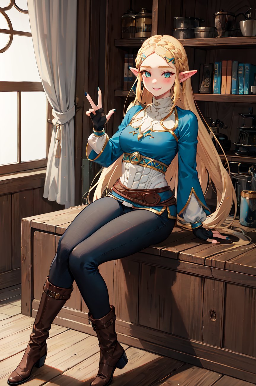 aazelda, super long hair, hair down to her thighs, pointy ears, blue shirt, long sleeves, fingerless gloves, black gloves, black pants, tight pants, blue nails, looking at the camera smile, blushing, high boots, full body picture 