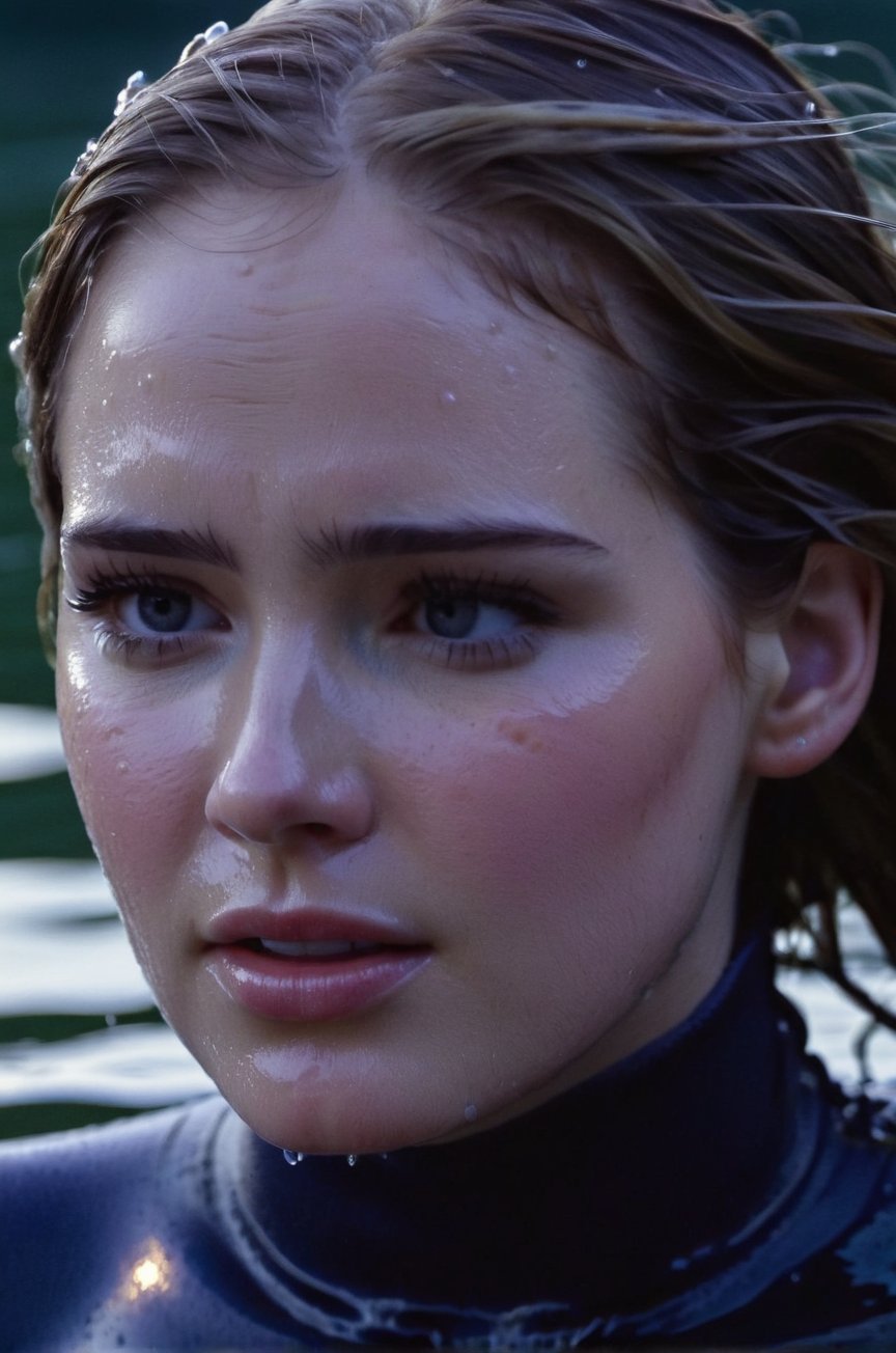 Elizabeth Lail,  emerging from the water. Her head and shoulders are visible above the surface of water. She looks scared...