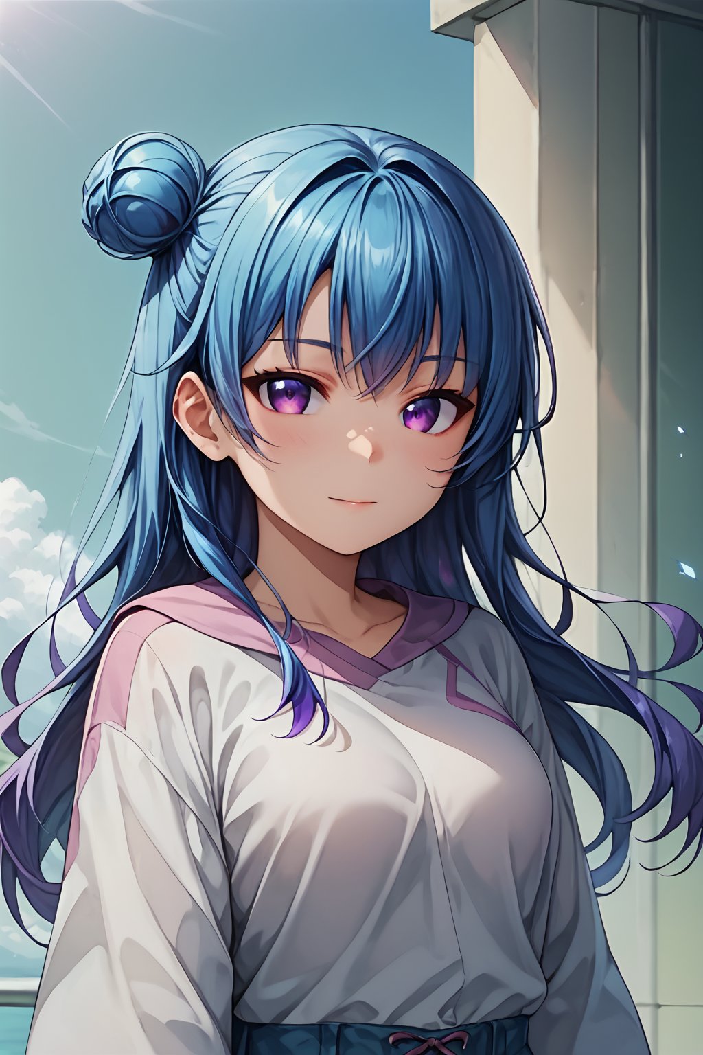 score_9, score_8_up, score_7_up, source_anime BREAK, 1girl, looking at viewer, YoshikoTsushimaPONY, (purple eyes:1.2), blue hair, (single hair bun), (single side bun), long hair,