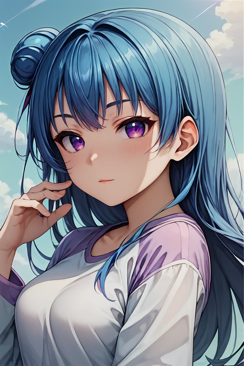 score_9, score_8_up, score_7_up, source_anime BREAK, 1girl, looking at viewer, YoshikoTsushimaPONY, (purple eyes:1.2), blue hair, (single hair bun), (single side bun), long hair,