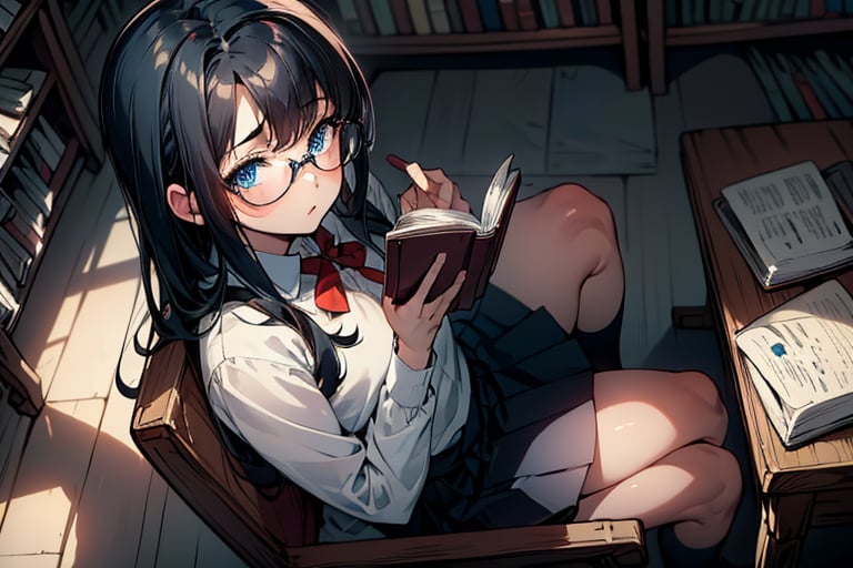 (masterpiece, intricate:1.3), (best quality, hires textures, high detail:1.2), (4k),(incredibly detailed:1.4) the girl with long black hair and blue eyes in library, sitting at a wooden desk and chair reading a book in her hand, she is wearing glasses and a short school uniform skirt. Detailedface