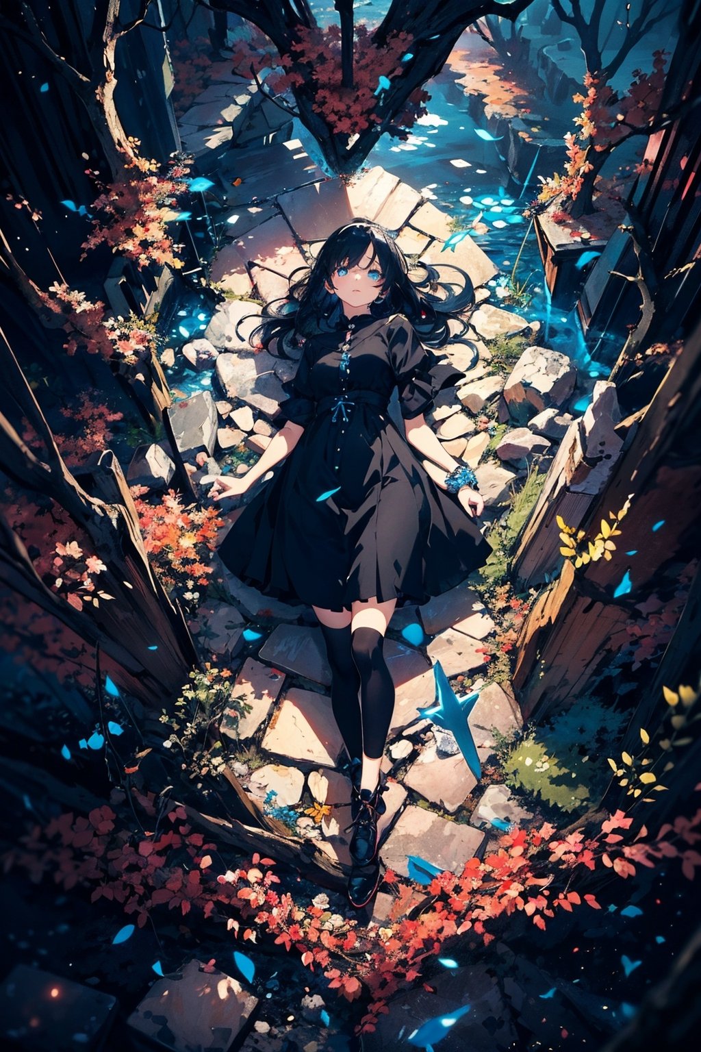 Girl, alone, full shot, high angle, night, dark, dungeon, stone floor, lying down; hair expression; disheveled hair; goddess; full body; moonlight, blue moon, sharp light, short dress, beautiful shadow, Black medieval dress, Black long hair, Blue eyes. High quality, motion blur, Bokeh. (dr: 1.4), high contrast,