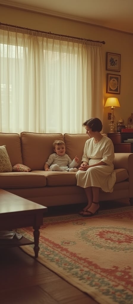 A vintage family sitting in their living room at home in the 1950s