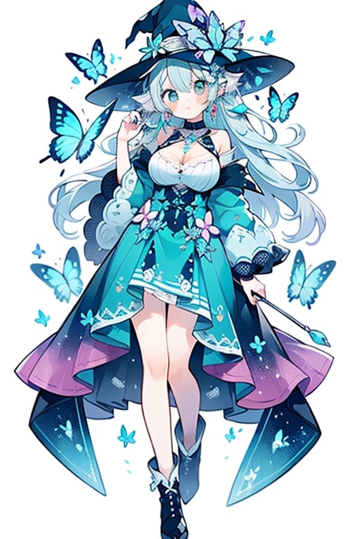 (Best Picture Quality, High Quality,)) ((white background)), ((no background)), utterflies. The witch should wear a flowing gown with a gradient of iridescent blues, purples, and greens, reminiscent of butterfly wings. Adorn the gown with subtle patterns resembling butterfly scales, and add delicate lace and sheer fabrics for an ethereal touch.

The witch's hat should have a wide brim with a soft, iridescent glow, mimicking the translucent quality of butterfly wings. Attach whimsical butterfly antennae to the hat, curving gently upward.

Accessorize with butterfly-shaped earrings and a necklace featuring a stunning gemstone in shades of blue or purple, reminiscent of butterfly colors.

Complete the look with elegant, high-heeled boots featuring butterfly-wing motifs along the sides.

The overall appearance should exude a sense of grace, elegance, and enchantment, much like a butterfly taking flight. This butterfly-inspired witch is ready to cast spells with a touch of natural magic and beauty, full_body, design,High detailed , blue_hair, blue_dress, green dress, purple hair, full_body, full-body_portrait, big_boobs, character, character_sheet, modelsheet, design, sheet,Animal ear