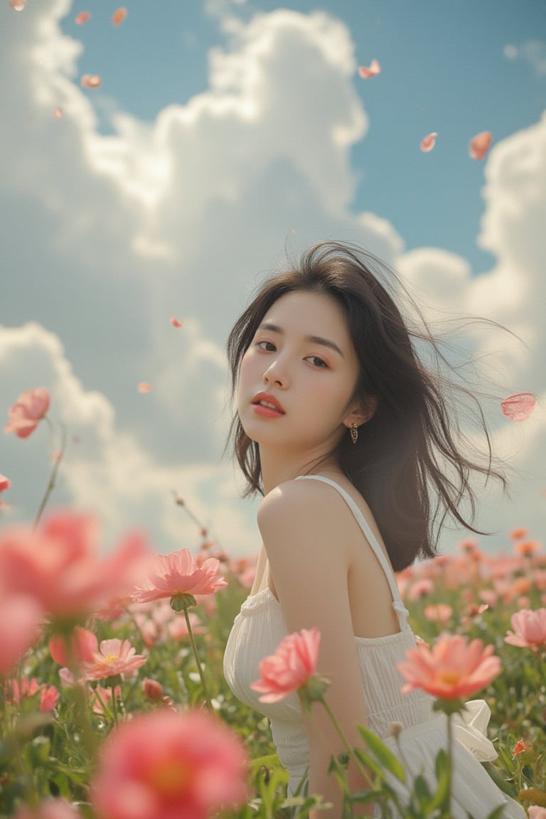 This is a highly detailed digital close-up and tilt shot artwork in a bright fantasy style, intricate tetradic colors in every details, a beautiful 22 years old Chinese girl, looking at viewer, head tilt, leaning forward, A lone girl with wavy black hair, wearing white dress, stands in windy flower field with grass, sun glare, heavenly cloudy sky, (clouds spiral:0.8), a macabre tapestry of clouds reaching towards viewer, falling petals, light cascading from an unseen aperture above. A low camera angle emphasizes the girl's with the overwhelming warm vibes.