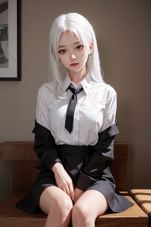 masterpiece, best quality,kawaii,cute,white hair,black eye,long hair , sitting,dress_shirt 