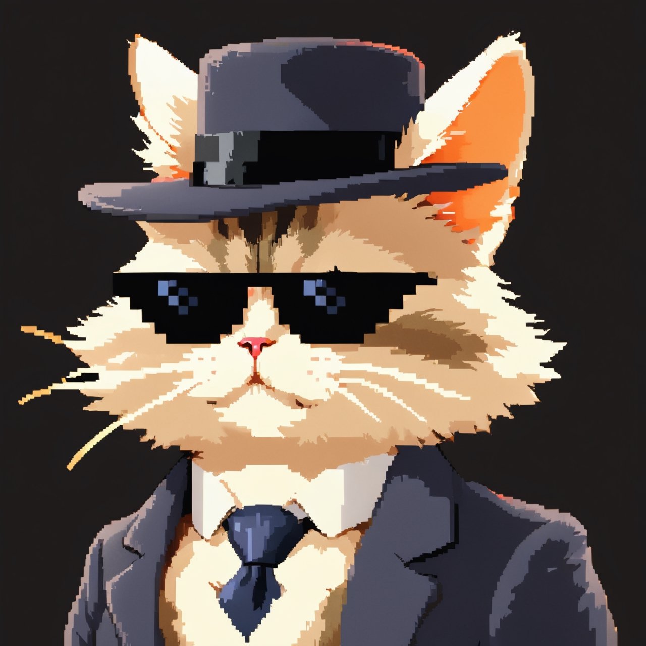 (masterpiece, best quality, highres:1.3), ultra resolution image, (solo), (cat:1.5), smug, confident, simple background, sunglasses, portrait, fluffy, cute,cat, no human,IncrsXLDealWithIt, playful, gentlemen hat, mischief, gentlemen suit,sticker,pixel style