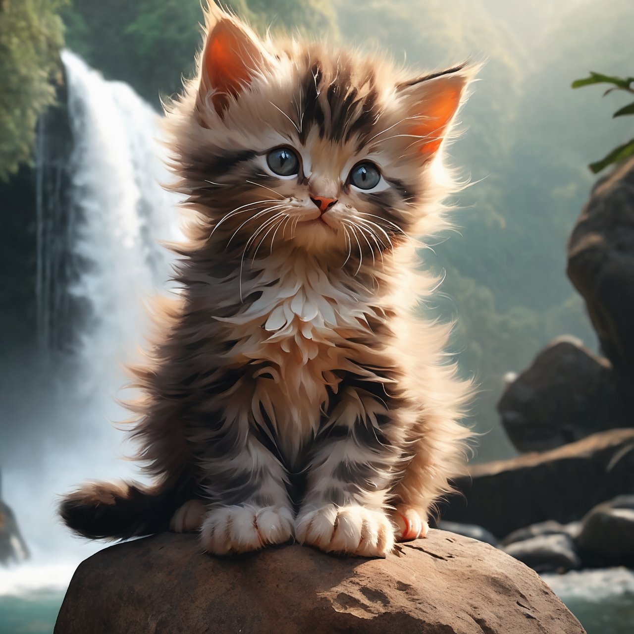 a kittens is sitting on a large statue rock in front of a waterfall and looking at the waterfalls, samikshavad, pinterest, Landscape, pexels, Adventure fantasy, Lost world, rayasi, picture, jigsaw puzzle, instagram, Sheela Gowda, simaura, stock photo, hurufiyya, ramanda, Tunga, screenshot, tumblr, digital rendering, Diagrammatic, Romantic fantasy, Xianxia, Ramkinkar Baij, unsplash, Figurative, sumatraism, Life, Fabulation, priysantheme, Photorealism, N. S. Harsha, nurugai, regionalism, naturalism, Deng Shiru,Xxmix_Catecat