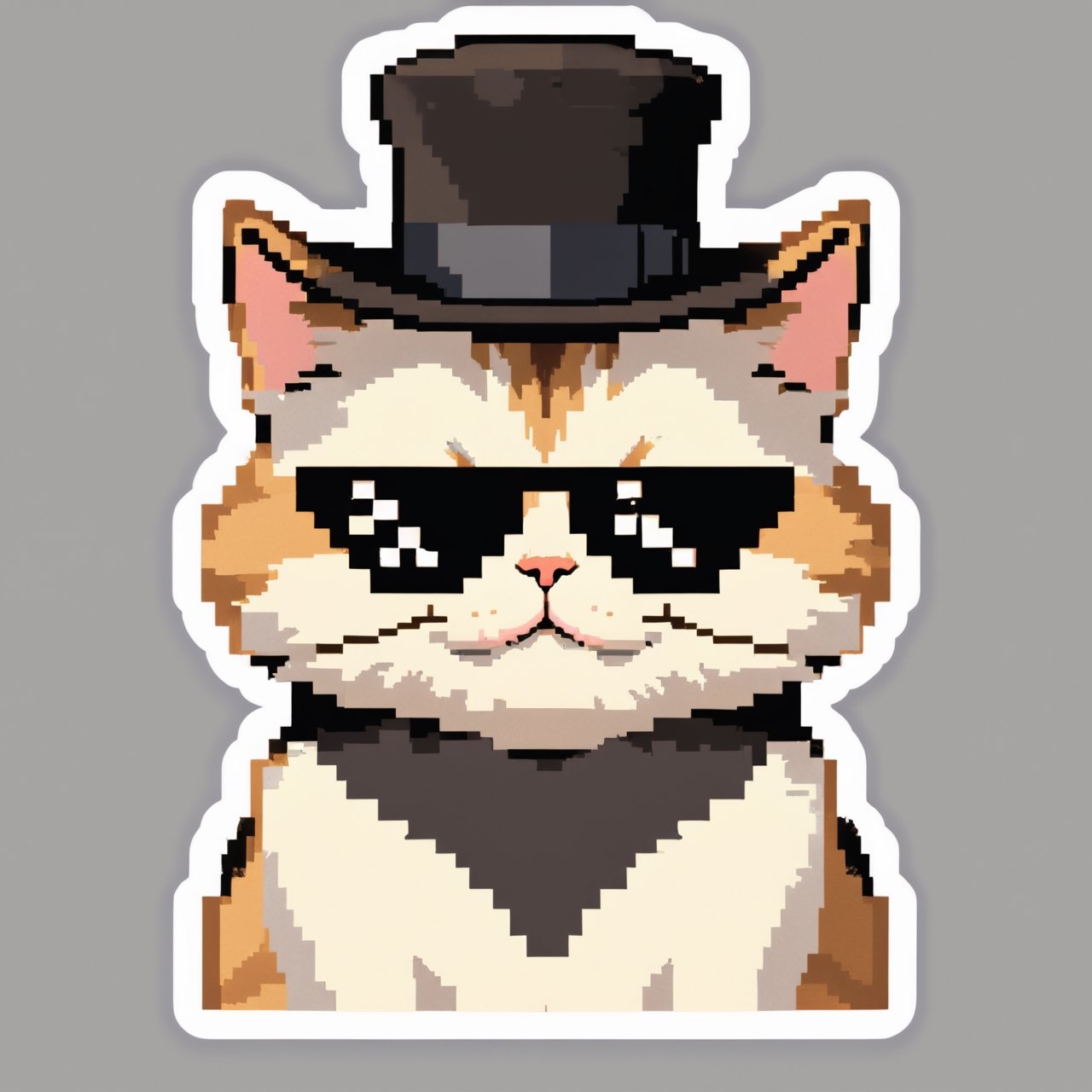 (masterpiece, best quality, highres:1.3), ultra resolution image, (solo), (cat:1.5), smug, confident, simple background, sunglasses, portrait, fluffy, cute,cat, no human,IncrsXLDealWithIt, playful, gentlemen hat, mischief, gentlemen suit,sticker,pixel style