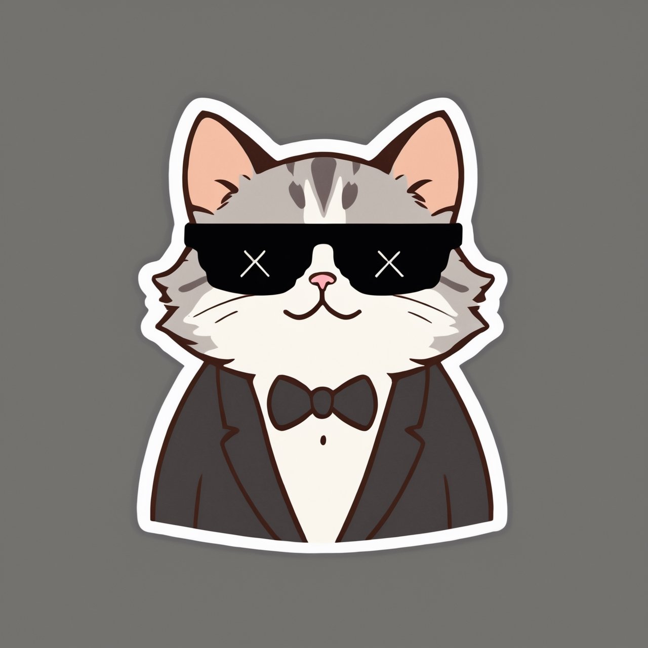 (masterpiece, best quality, highres:1.3), ultra resolution image, (solo), (cat:1.5), smug, confident, simple background, sunglasses, portrait, fluffy, cute,cat, no human,IncrsXLDealWithIt, playful, gentlemen hat, mischief, gentlemen suit,sticker