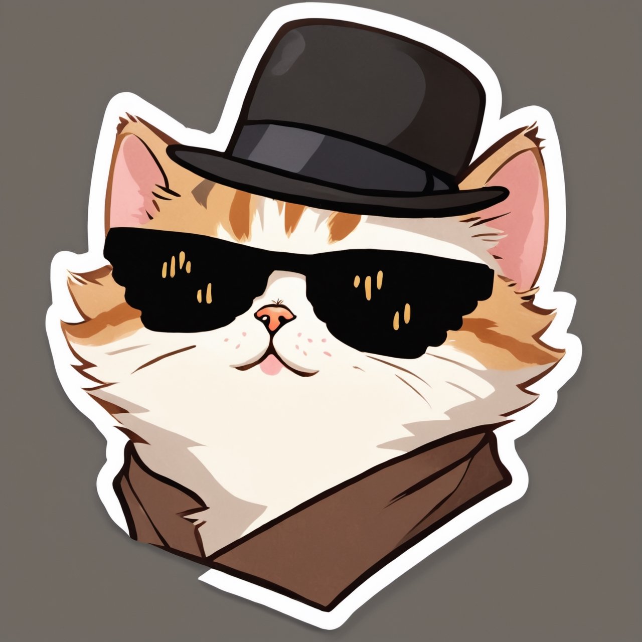 (masterpiece, best quality, highres:1.3), ultra resolution image, (solo), (cat:1.5), smug, confident, simple background, sunglasses, portrait, fluffy, cute,cat, no human,IncrsXLDealWithIt, playful, gentlemen hat, mischief, gentlemen suit,sticker