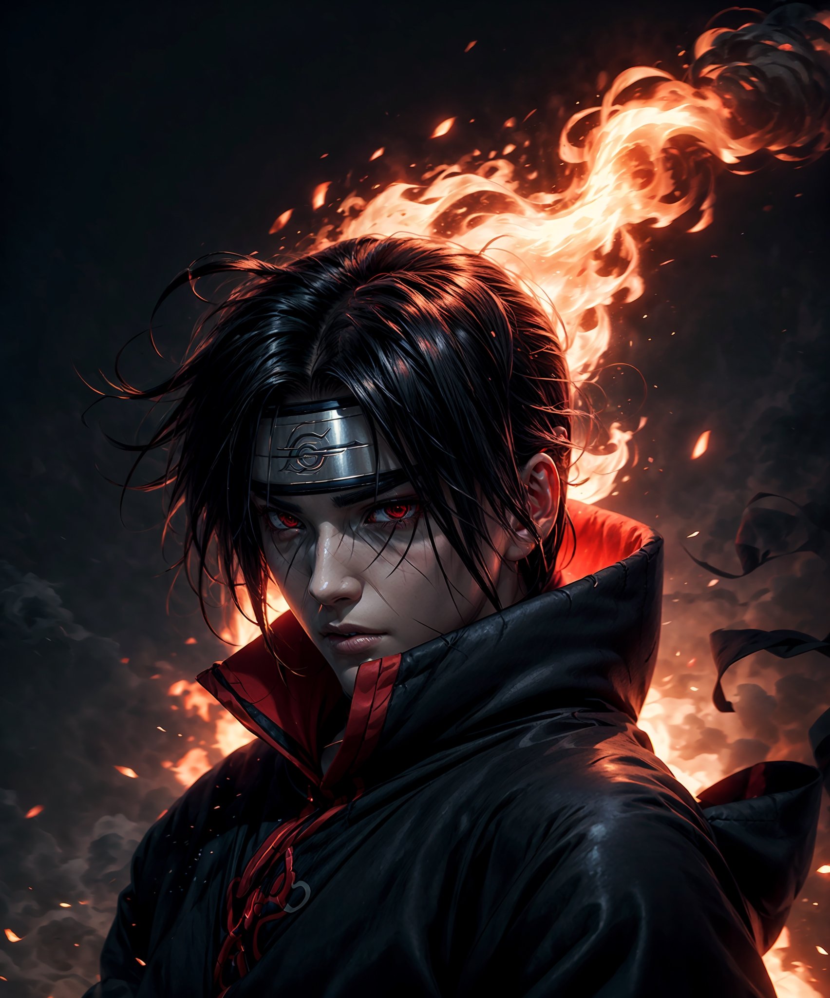 Visualize the legendary Itachi Uchiha, a prominent character from the Naruto anime. full body, muscular physique, reflecting his formidable strength.

Itachi Uchiha is clad in his signature ninja attire. His defining ability is his mastery over fire, black flames, showcasing his power to manipulate fire at will. Set to backdrop of black crows flying in distance and sitting on his shoulder

Set him against a background of raging fire, with black flames dancing in the backdrop, creating an inferno-like atmosphere. The flames should emphasize his fiery abilities and his unwavering resolve.

Capture this image to pay homage to Itachi Uchiha's character, showcasing his powerful presence and his association with the element of blackfire, a central theme in his story arc within the Naruto series." ((Perfect face)), ((perfect hands)), ((perfect body)), [perfect image of Itachi Uchiha (Naruto anime character)],Circle