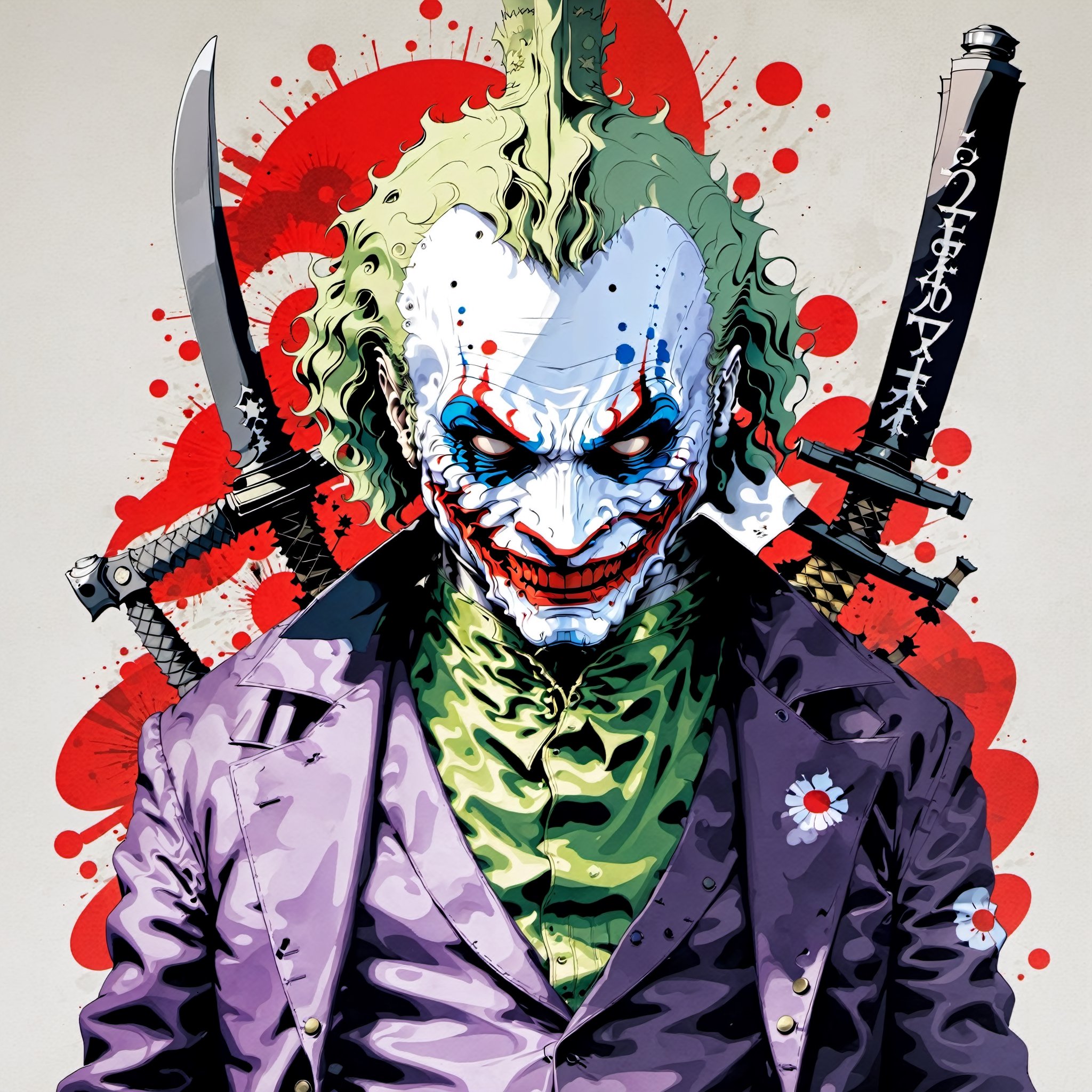 Heath Ledgers Joker character from the Dark Knight trillogy, movie poster, dynamic pose, japanese flag, dynomite, explosions, knives, magician, wonder, cyberpunk style anime characters, sexy samurai lady, skull mask, AK-47 quote "Why So Serious!?!"