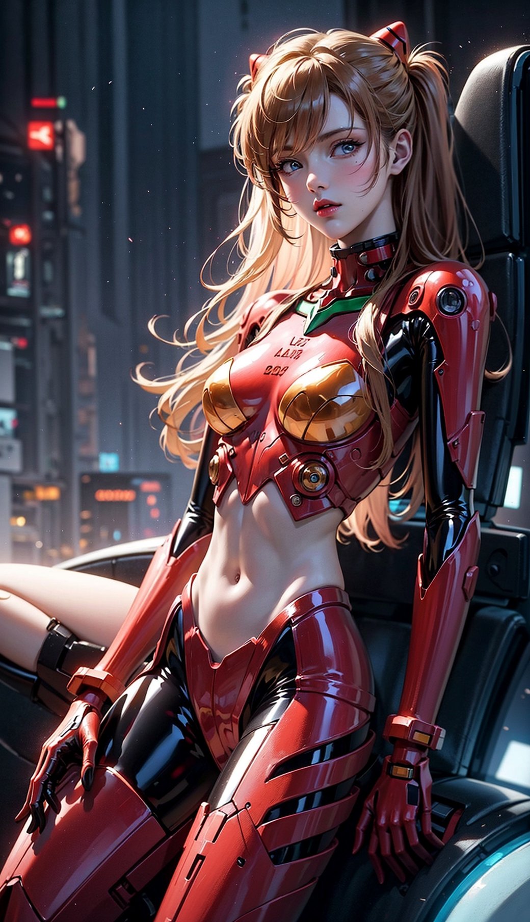 Asuka Langley a spaceship pilot in a latex suit with robotic limbs, laying down in a pod, in a cyberpunk setting, cyborg, implants, high details, realistic, photorealism, 8k,souryuuasukalangley