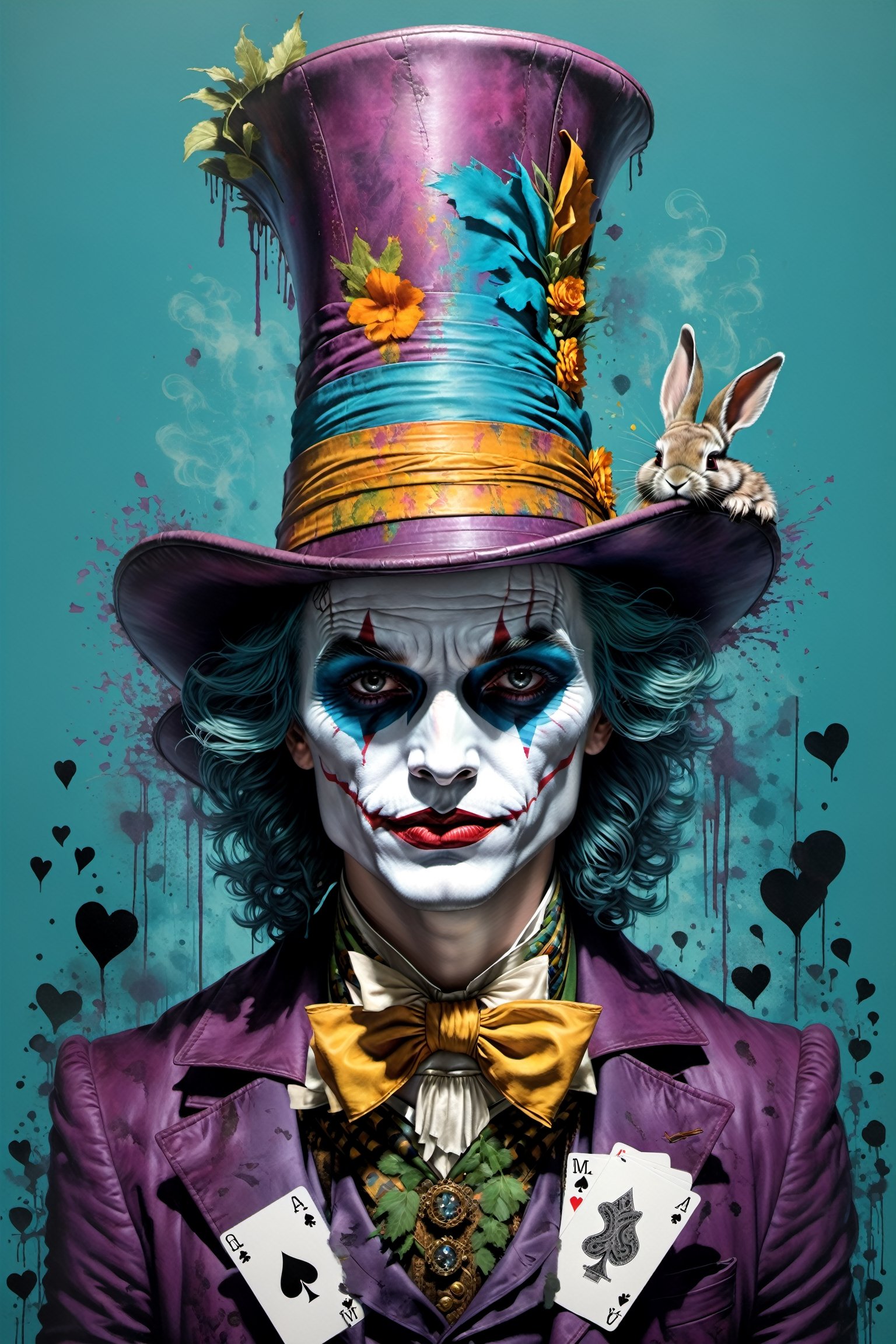 "Heath Leadger Joker as the Mad Hatter" the spade magician, highly detailed, half-skull for a face, rabbit jumping out of the top of the hat, smudged face-makeup, sad, diobolical, menacing, smudged maskara, scars, battle damaged, cinematic, 8k, style by stanley artgermm, tom bagshaw, carne griffiths, hyper detailed, full of colour,playing cards, flowersupper body