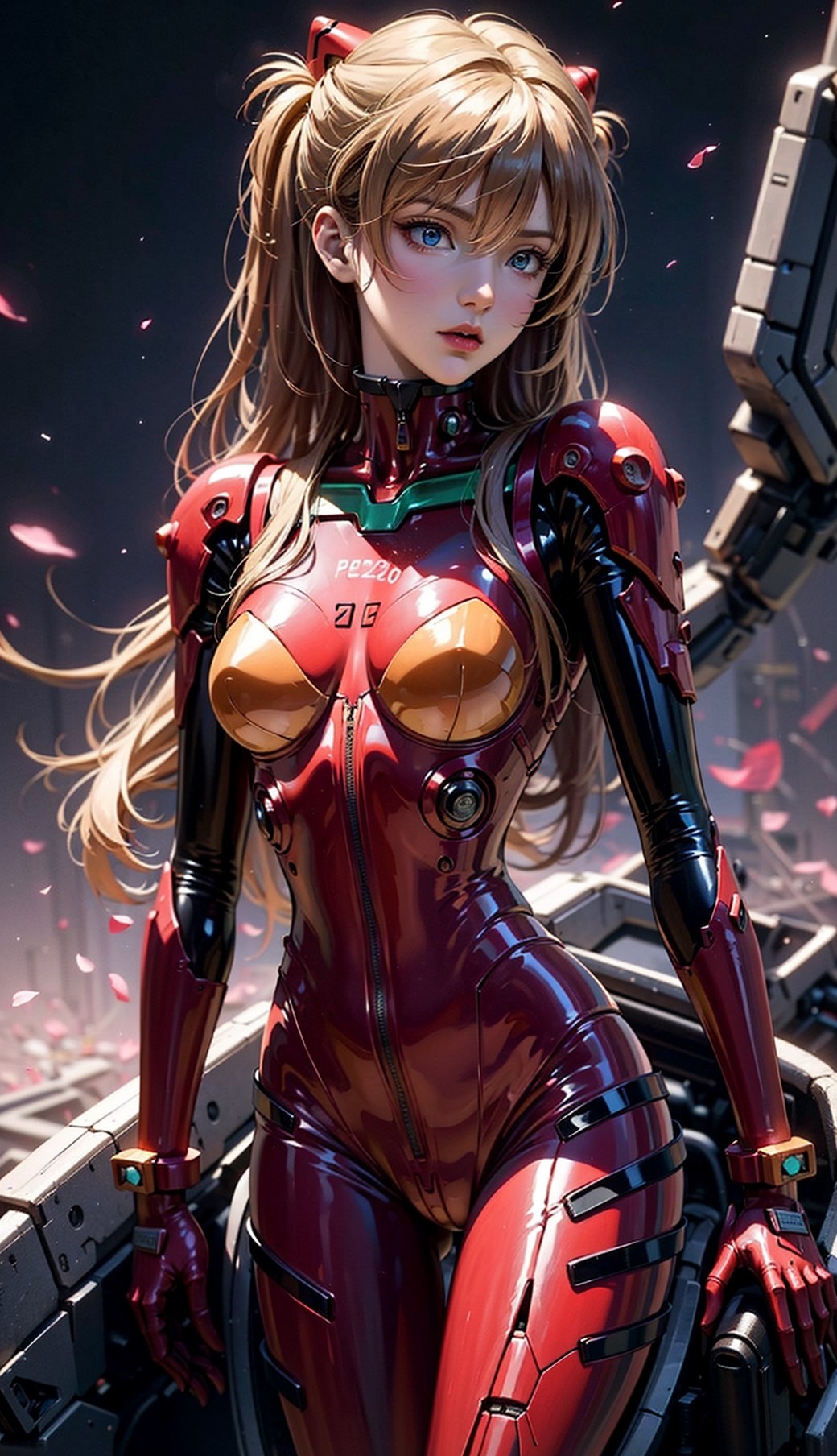 Asuka Langley a spaceship pilot in a latex suit with robotic limbs, laying down in a pod, in a cyberpunk setting, cyborg, implants, high details, realistic, photorealism, 8k,souryuuasukalangley