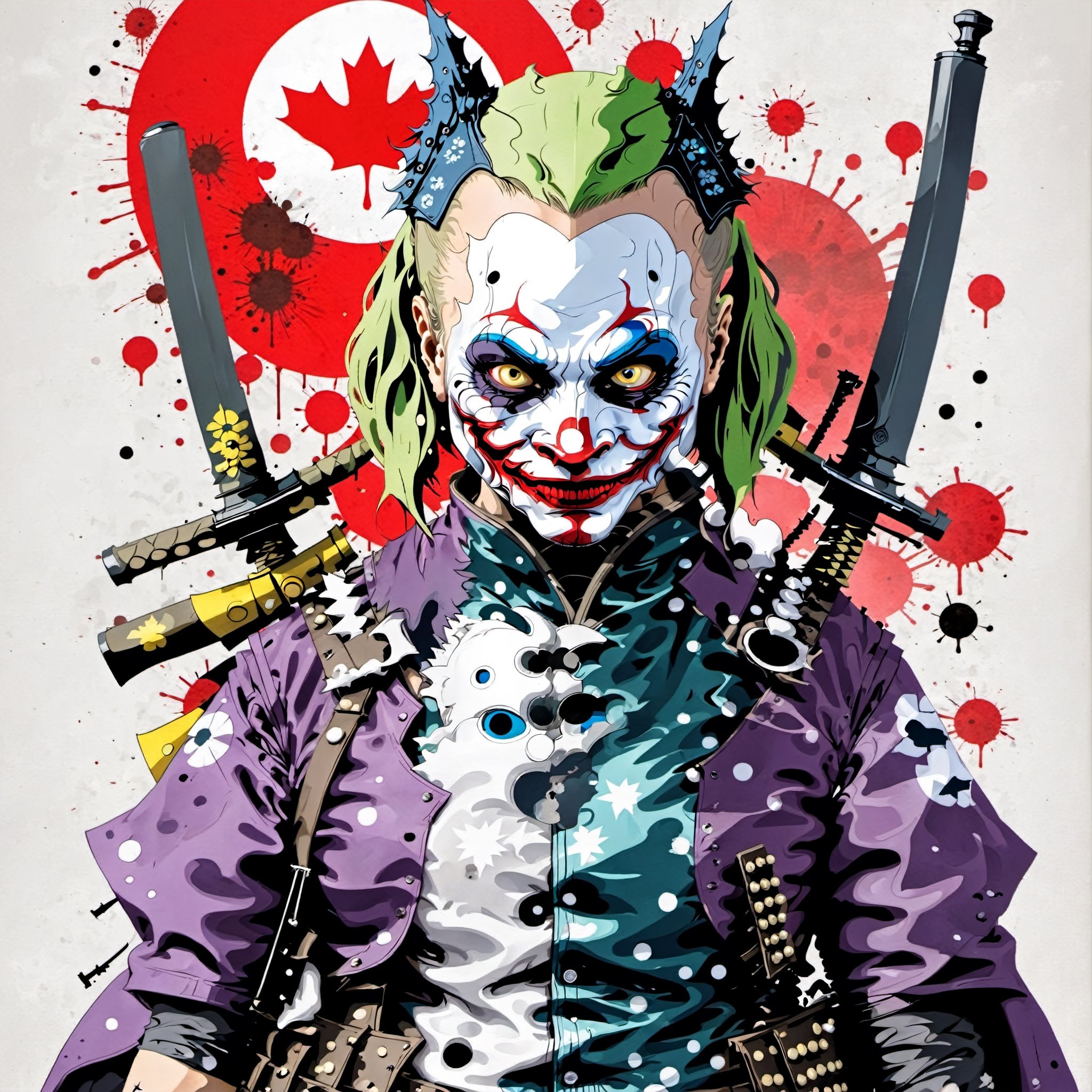 Heath Ledgers Joker character from the Dark Knight trillogy wearing a samurai inspired body armor, movie poster, dynamic pose, japanese flag, dynomite, explosions, knives, magician, wonder, cyberpunk style anime characters, sexy samurai lady, skull mask, AK-47 assult rifles, bullet holes, blood splatter, ice-cream and bubble gum, ((quote words "Why So Serious!?!"))