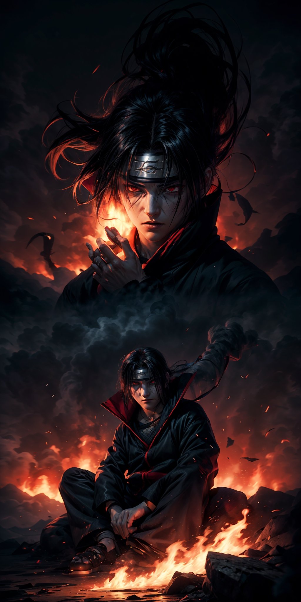 Visualize the legendary Itachi Uchiha, a prominent character from the Naruto anime. full body, muscular physique, reflecting his formidable strength.

Itachi Uchiha is clad in his signature ninja attire. His defining ability is his mastery over fire, black flames, showcasing his power to manipulate fire at will. Set to backdrop of black crows flying in distance and sitting on his shoulder

Set him against a background of raging fire, with black flames dancing in the backdrop, creating an inferno-like atmosphere. The flames should emphasize his fiery abilities and his unwavering resolve.

Capture this image to pay homage to Itachi Uchiha's character, showcasing his powerful presence and his association with the element of blackfire, a central theme in his story arc within the Naruto series." ((Perfect face)), ((perfect hands)), ((perfect body)), [perfect image of Itachi Uchiha (Naruto anime character)]