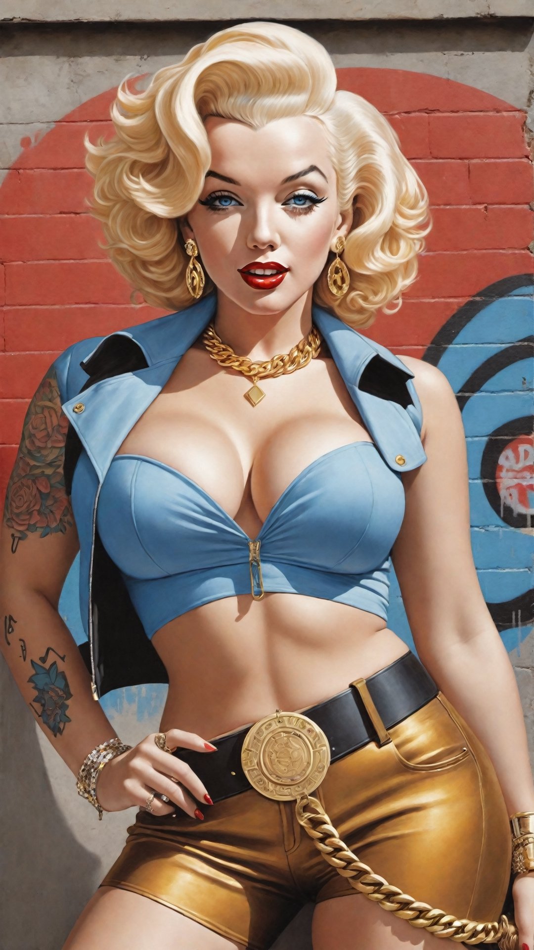 full body wide shot of Marilyn Monroe holding a smoking handgun Ak-47 assult rifle with long ginger wavy hair standing in front of a wall covered with artful graffiti, skin & body covered in Yakuza’s Irezumi 刺青 tattoos on all over her body, tattoo sleeves, detailed blue eyes, wearing modern gangsta rap fashion type clothing with lots of gold, black gang bandana, gold teeth, gold rings, big gold bracelet, big gold & diamond necklace chain, sexy girl, on the old school cadillac hood, big_breasts, accentuated breasts, large pelvic, nice smooth abs, wide hip, narrow waist, curvy waist, ((slim, skinny waist:1.4)), seductress, playful, tempting, smug face, ((wide hips)), ((huge pelvic), one of the most popular sex symbols of the 1950s and early 1960s, as well as an emblem of the era's sexual revolution, fall vibes, blushed, looking at the camera, colorful scene shot, professional photography, ultra sharp focus, (masterpiece, best quality:1.1), 8K, Ultra-HD, ultra-best quality, (masterpiece: 1.2), ultra-detailed, best shadow, detailed hand, hyper-realistic, (detailed background), EnvyBeautyMix23, perfecteyes,HZ Steampunk,dripping paint,6000,Movie Still, mecha,aw0k