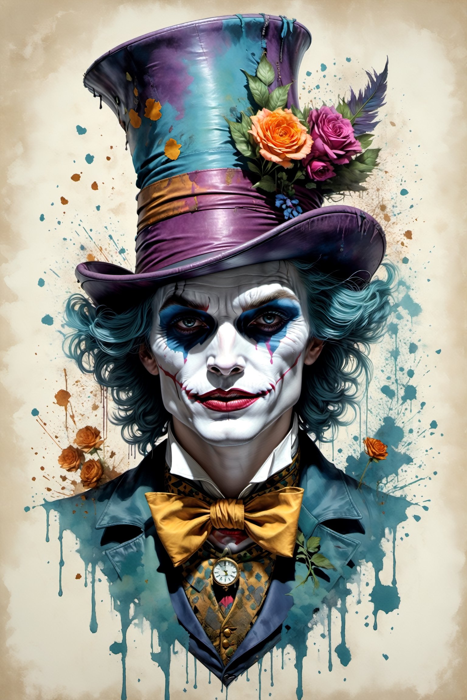 "Heath Leadger Joker as the Mad Hatter" the spade magician, highly detailed, half-skull for a face, rabbit jumping out of the top of the hat, smudged face-makeup, sad, diobolical, menacing, smudged maskara, scars, battle damaged, cinematic, 8k, style by stanley artgermm, tom bagshaw, carne griffiths, hyper detailed, full of colour,playing cards, flowersupper body