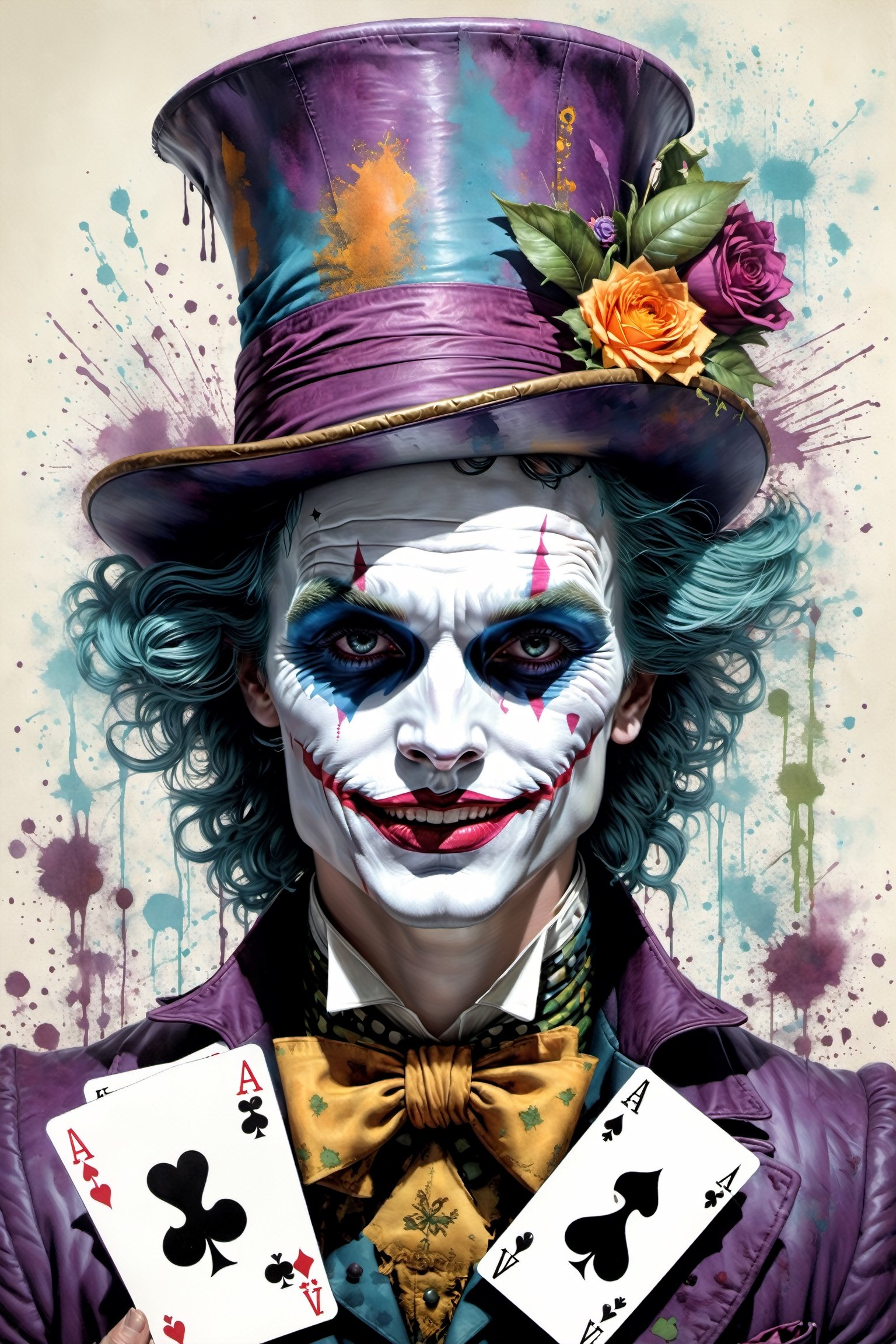 "Heath Leadger Joker as the Mad Hatter" the spade magician, highly detailed, half-skull for a face, rabbit jumping out of the top of the hat, smudged face-makeup, sad, diobolical, menacing, smudged maskara, scars, battle damaged, cinematic, 8k, style by stanley artgermm, tom bagshaw, carne griffiths, hyper detailed, full of colour,playing cards, flowersupper body