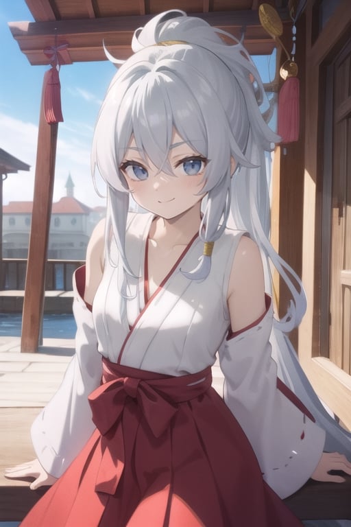 Elaina, white hair, medium chest,miko dress,symmetrical face, symmetrical eyes, high_resolution, high quality  