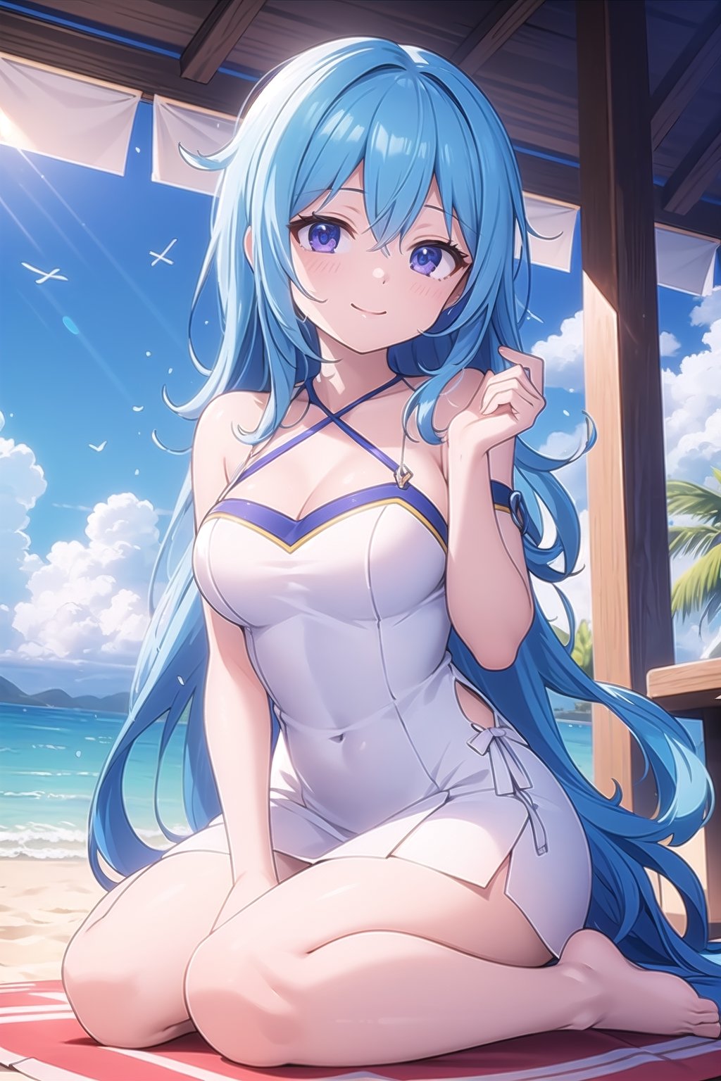 vibrant colors, female, masterpiece, sharp focus, best quality, depth of field, cinematic lighting, ((solo, one woman )), (illustration, 8k CG, extremely detailed), masterpiece, ultra-detailed, white dress:1.4, cute smile, seat, beach towel, beach, long hair,light, juvia , hearts signs:1.5