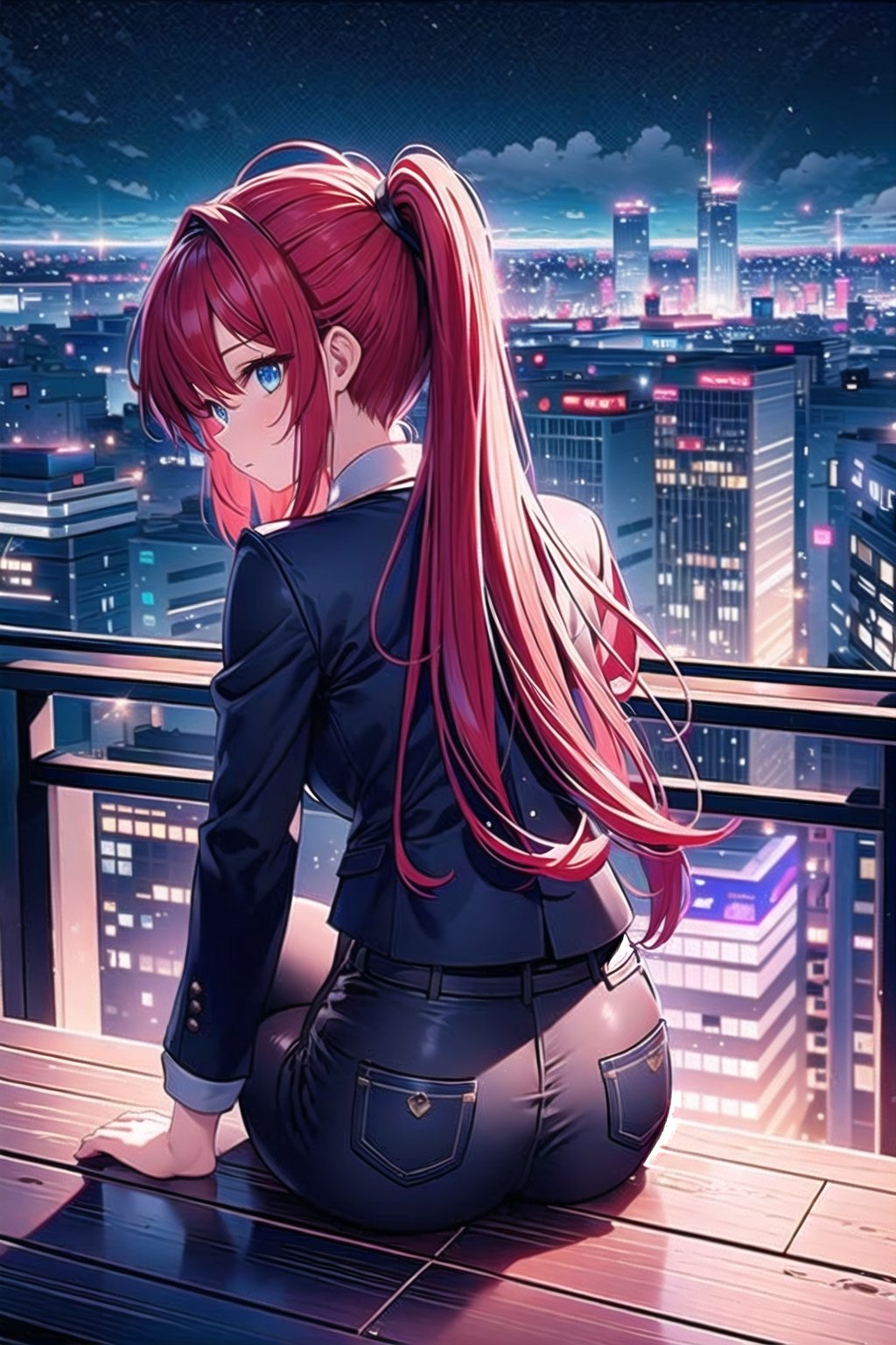 vibrant colors, female, masterpiece, sharp focus, best quality, depth of field, cinematic lighting, ((solo, one woman )), (illustration, 8k CG, extremely detailed), masterpiece, ultra-detailed, red hair ,long hair, ponytail, blue eyes, black pants, shirt purple, sitting, sitting on roof of building, city ​​view, top view, jacket, outdoors, from behind, night, building, scenery, city, cityscape, city lights