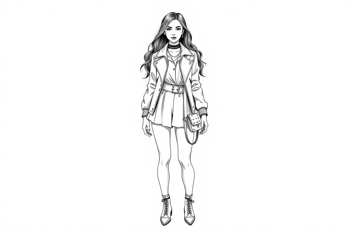 black and white ink drawing. without shading. low contrast. full white image with a black outline. the background is all w...