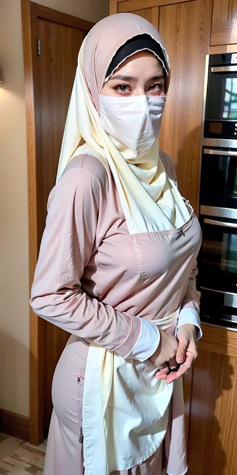  best quality, masterpiece, RAW photo, super realistic, (photorealistic:1.4), 1girl, 18 year old girl, blur eyes colored, (clear white_hijab), (mouth veil, hijab with veil, veil), perfect milfication body, slim waist, big hips, big booty, perfect body shape, skinny, milfication, (black hijab, tight long sleeves shirt, apron, chef hat, long skirt), gigantic_breasts, huge tits, from front view, front body shot, looking at viewer, her body facing viewer, shy expression,mature female,milf, (at kitchen, scenery kitchen, professional kitchen set), flat lighting,igirl,hijab,hourglass body shape,indonesia,Standing, front body Pose, selfie pose,selfie