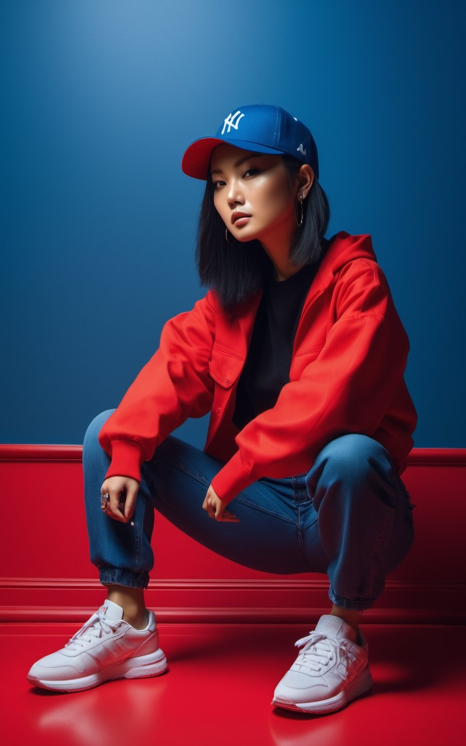 (masterpiece:1) A photo full body japanese girl rapper (dressed blue jean sport:1.2), artwork inspired by Stanley Kubrick on location with dynamic pose, (red shirt), (hip hop Style), pale skin, (black cap sport:1.2), (short tousled hair:1), (challenging face:1.2), ultra realistic, 8k, HD, Photography, Shadow lighting, (red background:1),(cinematic dark lighting:1.4), beautifull style, (Beautifull colours),photo r3al,detailmaster2, (black and red), perfect face,perfecteyes, (beige soft lighting), (pore skin), (wrinkles skin:1), (Behind you stretches a long, red room, illuminated by a soft light coming from the walls that flank it. The walls are covered with faded wallpaper and the floor is worn:1.4),asian girl,photo of perfect eyes